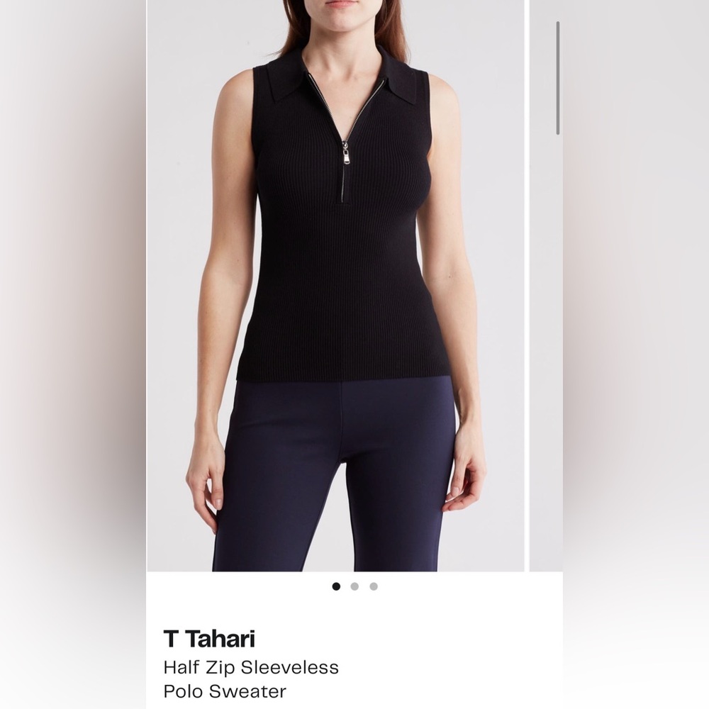 T Tahari Black Sleeveless Half-Zip Polo Sweater